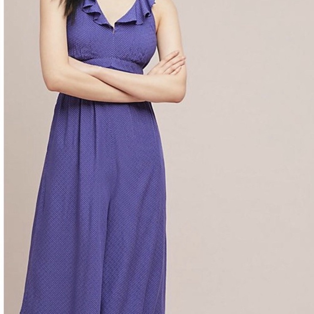 Anthropologie Maeve Jumpsuit Women's 6 Blue Syros Polka Dot Sleeveless Ruffle